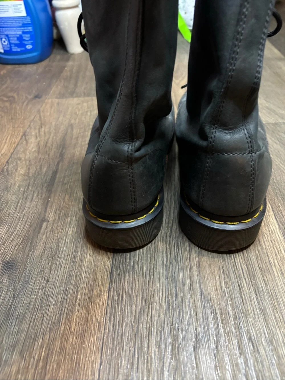 Dr. Martens Black Leather Lace-Up Combat Boots with Yellow Stitching